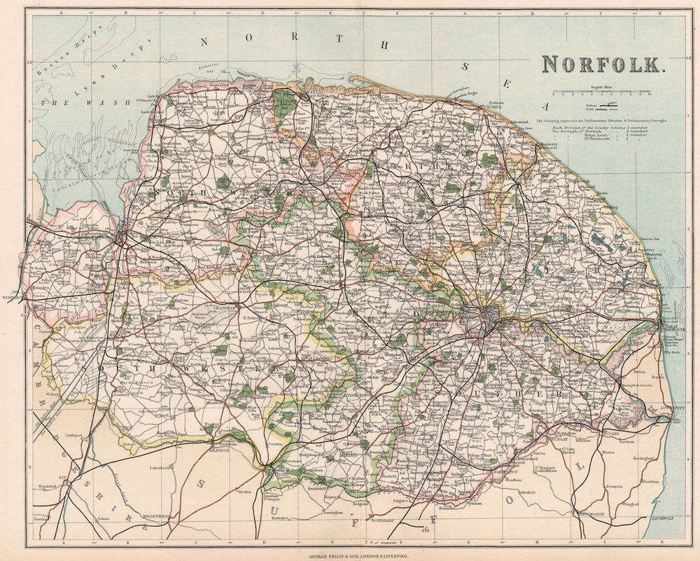 NORFOLK. County map showing divisions & parliamentary boroughs. PHILIP 1902