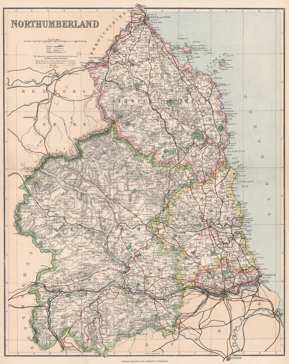 NORTHUMBERLAND.County map.Hexham Tyneside Wansbeck Berwick divisions.PHILIP 1902