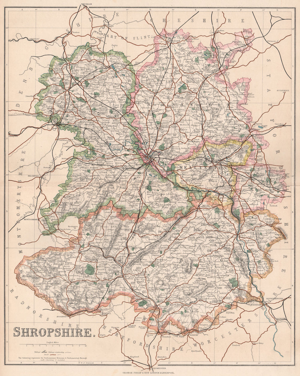 SHROPSHIRE. County map. Ludlow Oswestry Newport Wellington divisions.PHILIP 1902