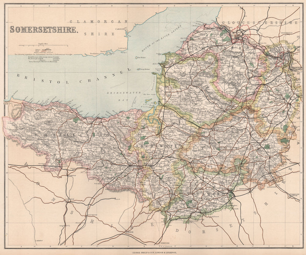 SOMERSETSHIRE. County map. Divisions & parliamentary boroughs. PHILIP 1902