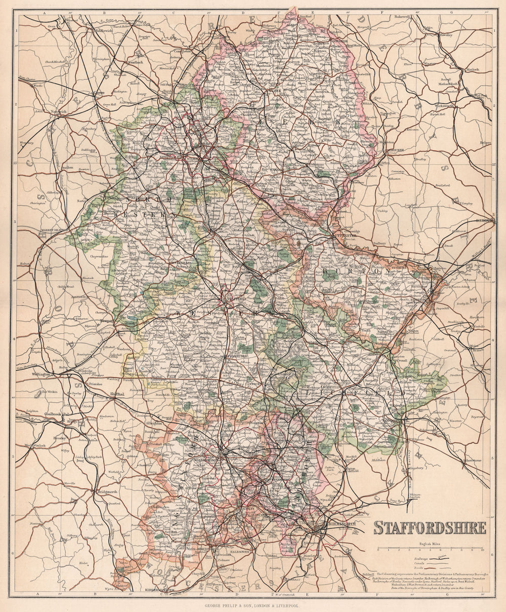 STAFFORDSHIRE. County map. Divisions & parliamentary boroughs. PHILIP 1902