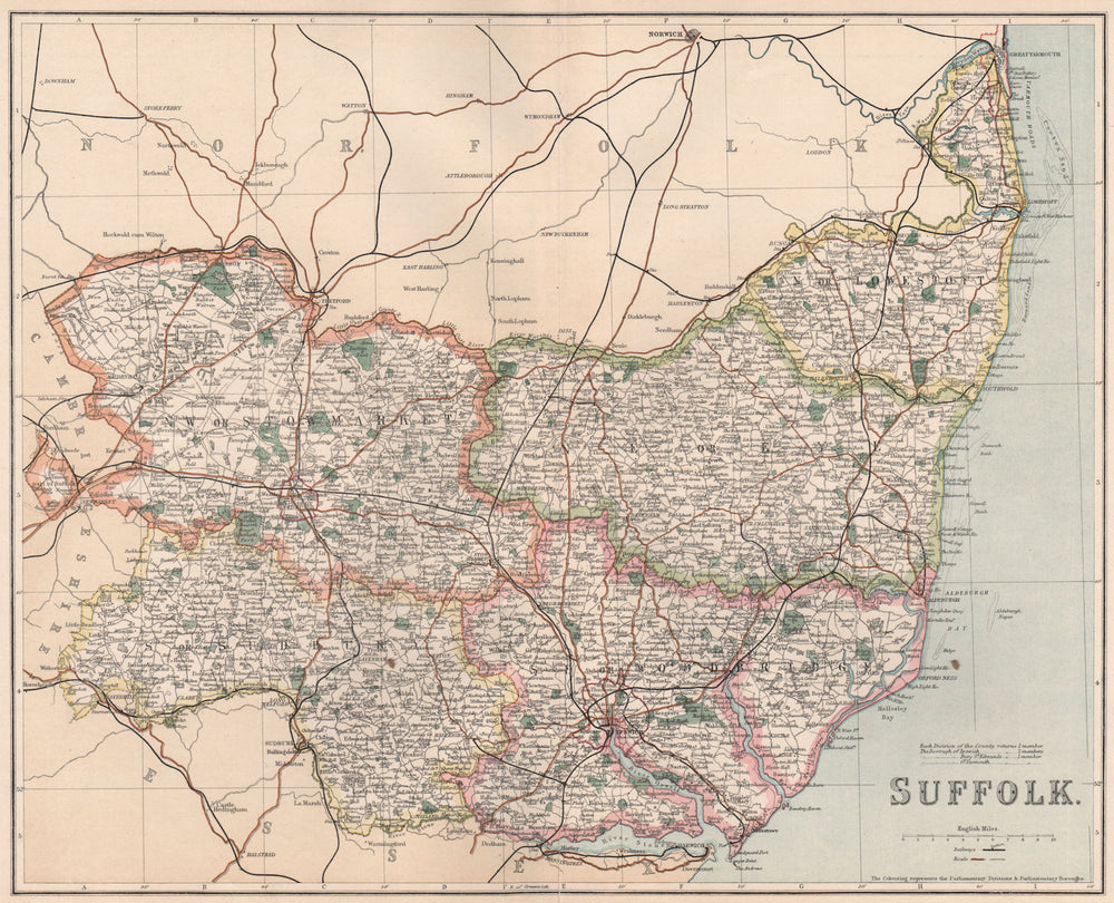 SUFFOLK. County map showing divisions & parliamentary boroughs. PHILIP 1902