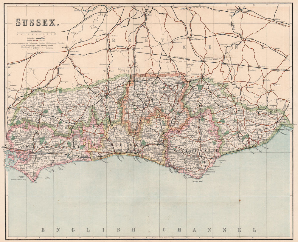SUSSEX. Rye E Grinstead Eastbourne Lewes Chichester Horsham divs.PHILIP 1902 map