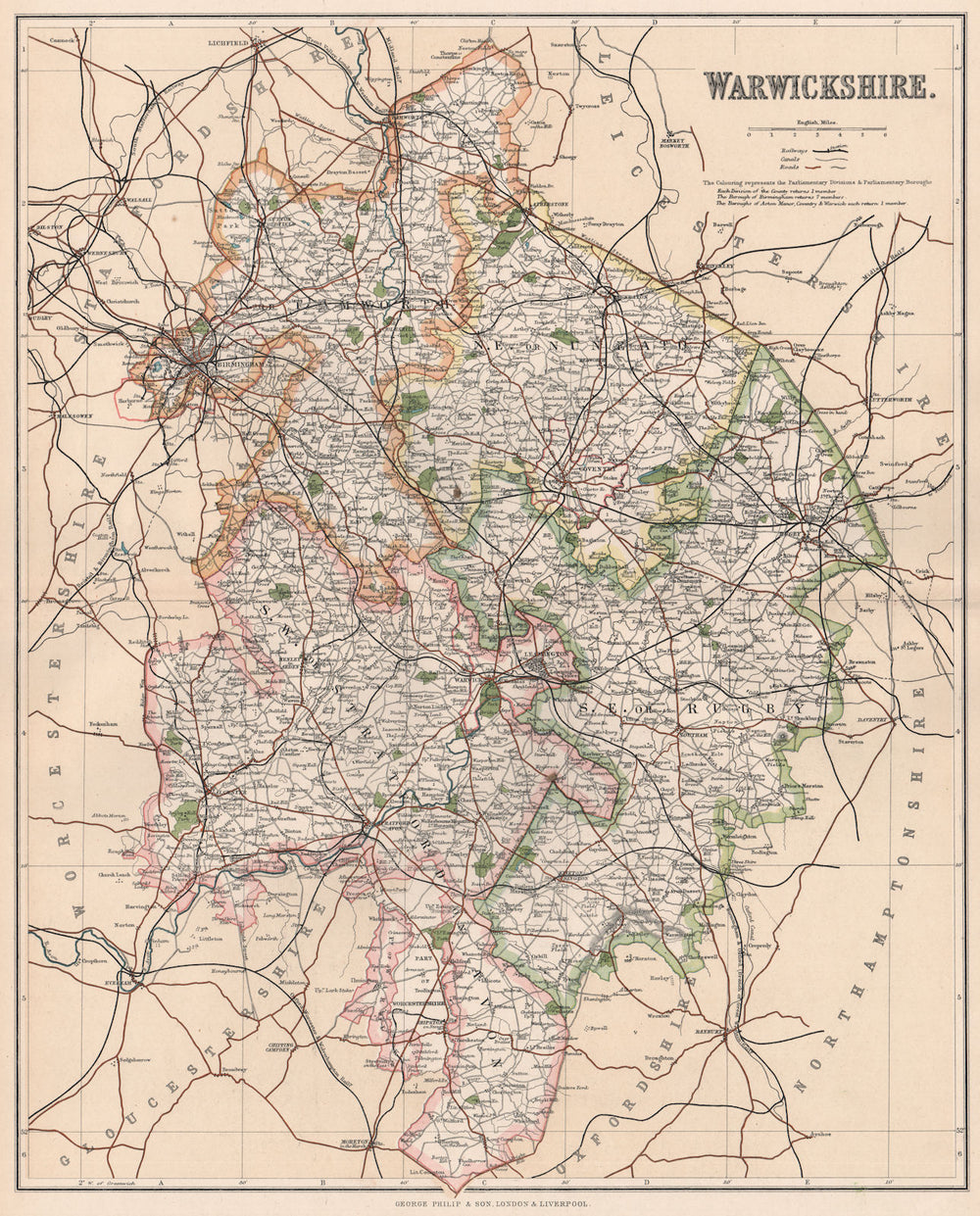 WARWICKSHIRE / BIRMINGHAM. County map. Parliamentary boroughs. PHILIP 1902