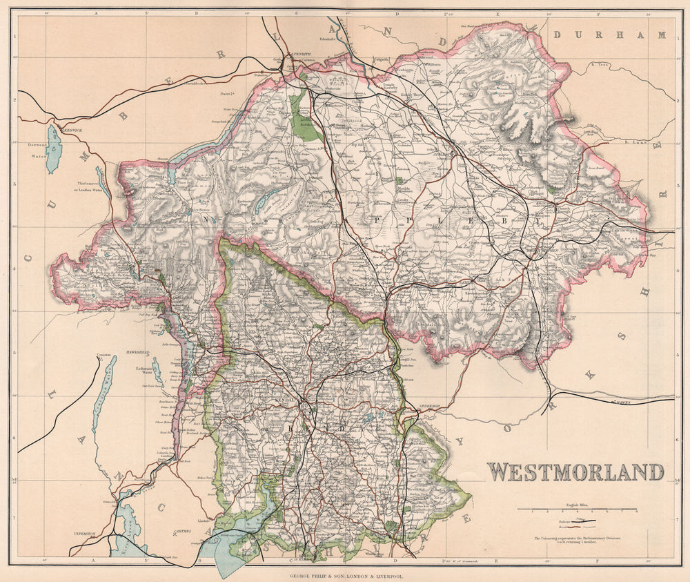 WESTMORELAND. County map. Appleby & Kendal constituencies. PHILIP 1902 old