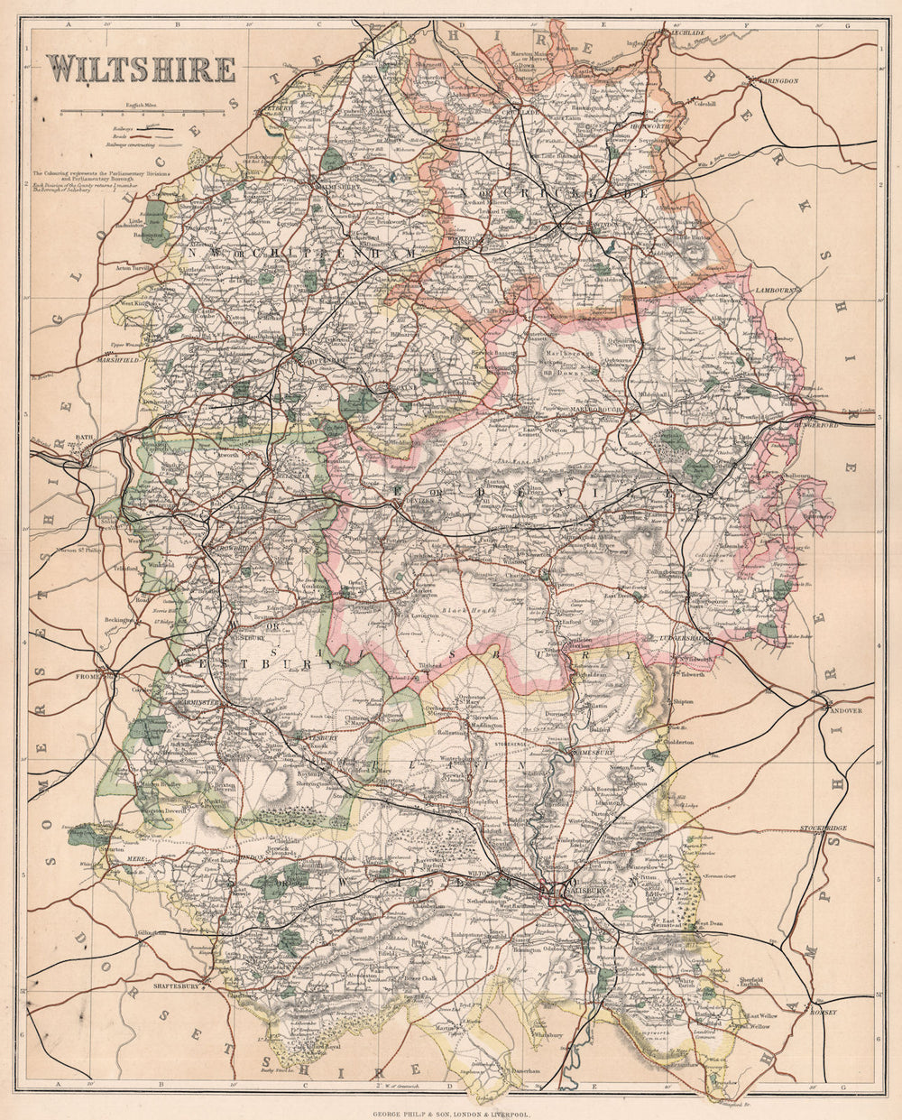 WILTSHIRE. County map showing divisions & parliamentary boroughs. PHILIP 1902