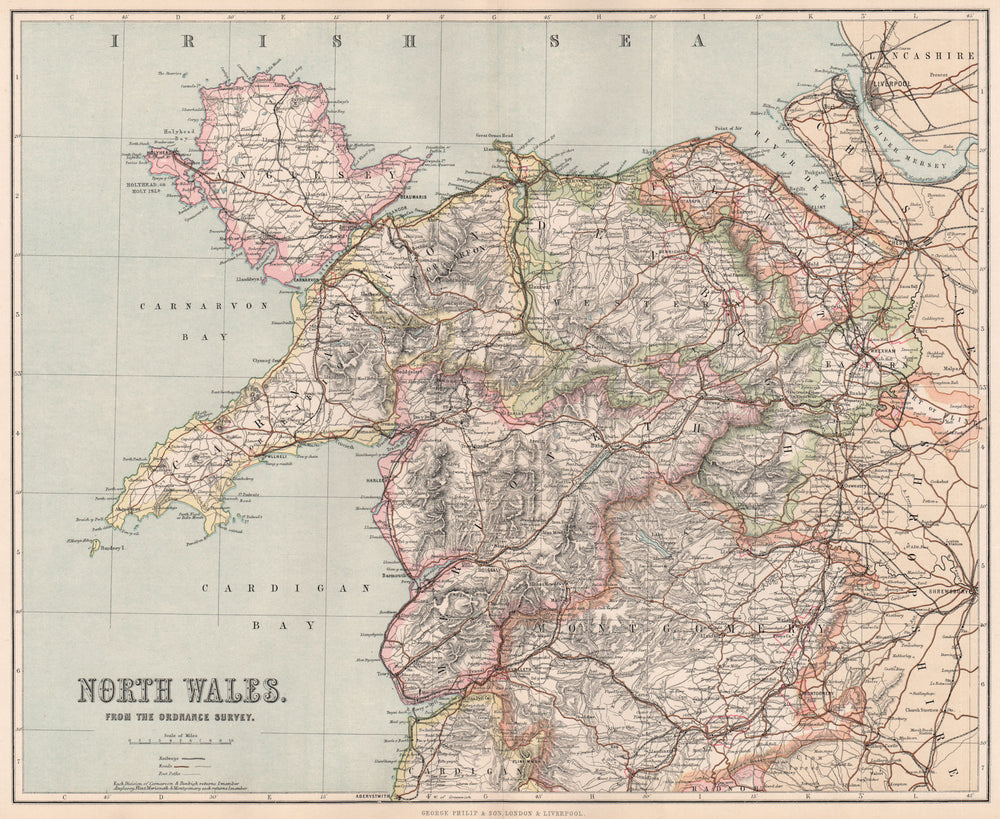 NORTH WALES. showing divisions & parliamentary boroughs. PHILIP 1902 old map