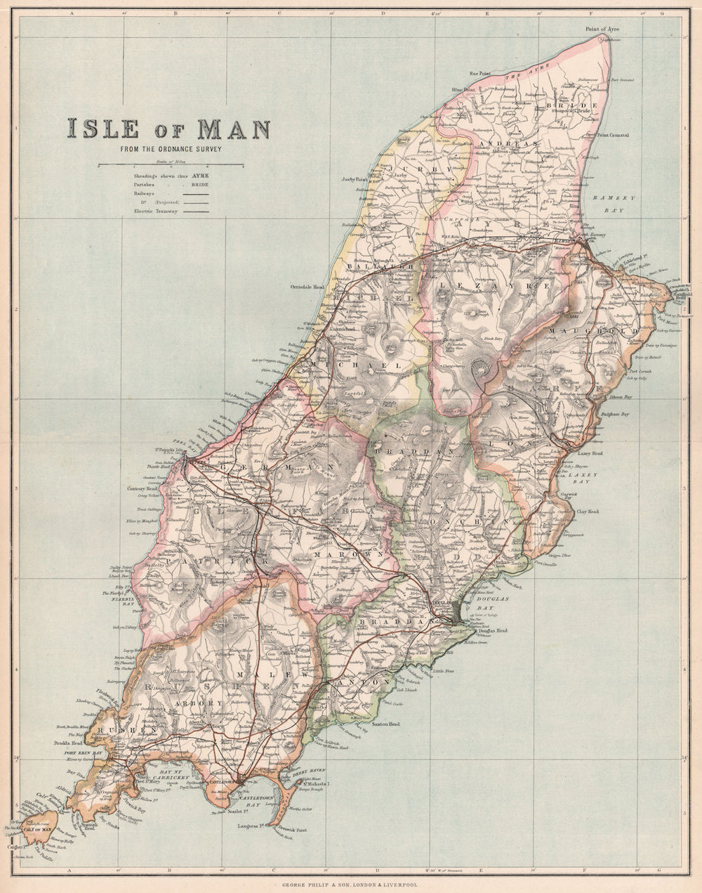 ISLE OF MAN. Showing sheadings, parishes & railways. PHILIP 1902 old map