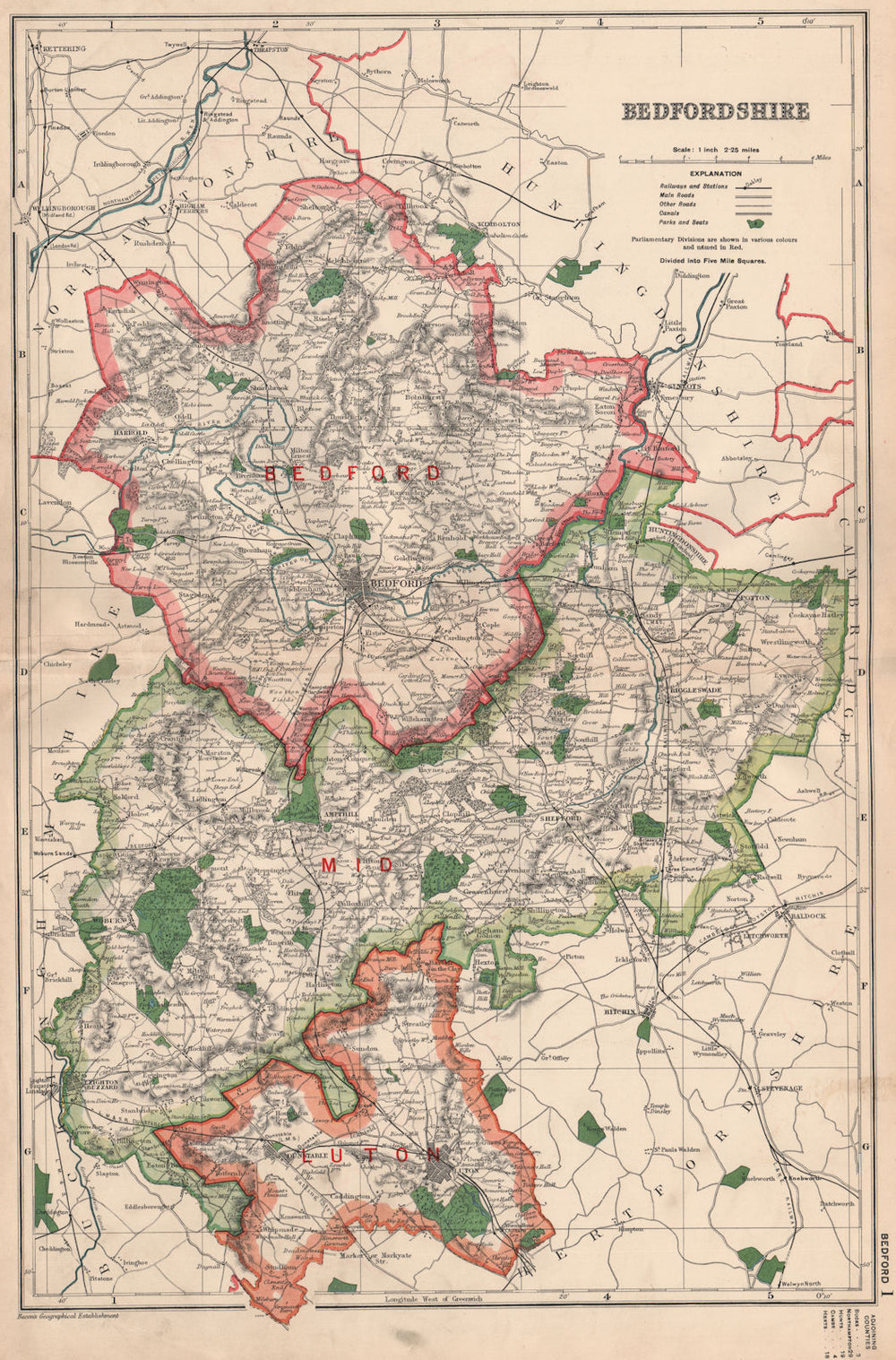BEDFORDSHIRE. Showing Parliamentary divisions, boroughs & parks. BACON 1936 map