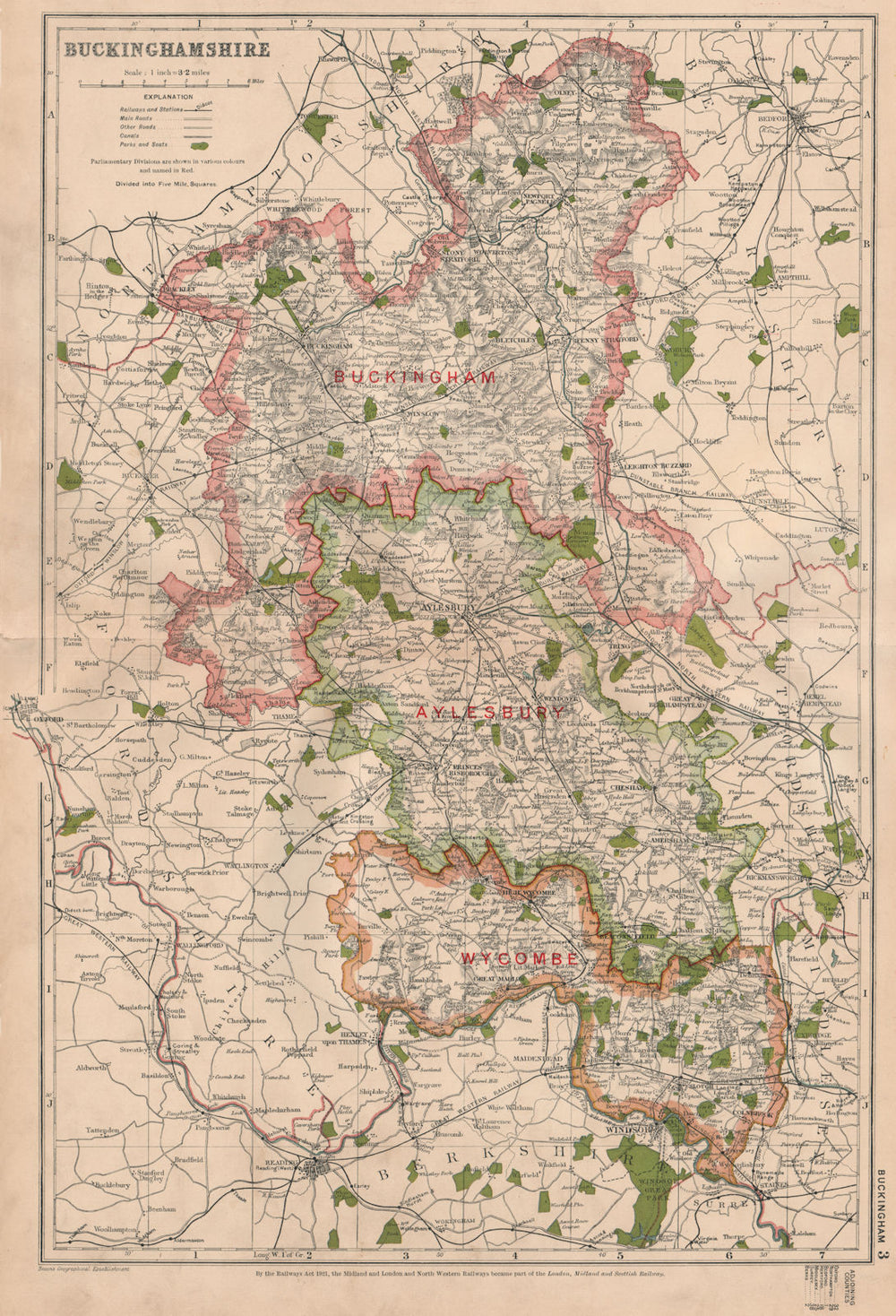 BUCKINGHAMSHIRE.Showing Parliamentary divisions,boroughs & parks.BACON 1936 map