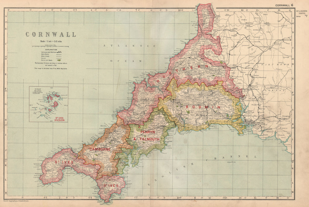 CORNWALL. Showing Parliamentary divisions, boroughs & parks. BACON 1936 map