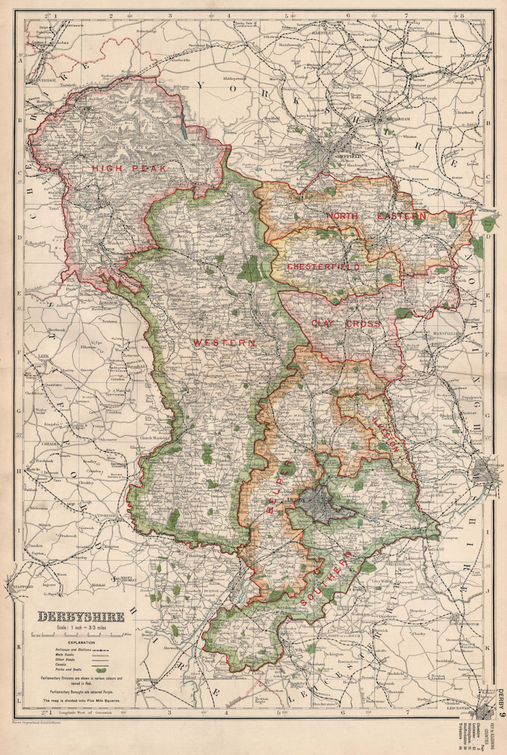 DERBYSHIRE. Showing Parliamentary divisions, boroughs & parks. BACON 1936 map