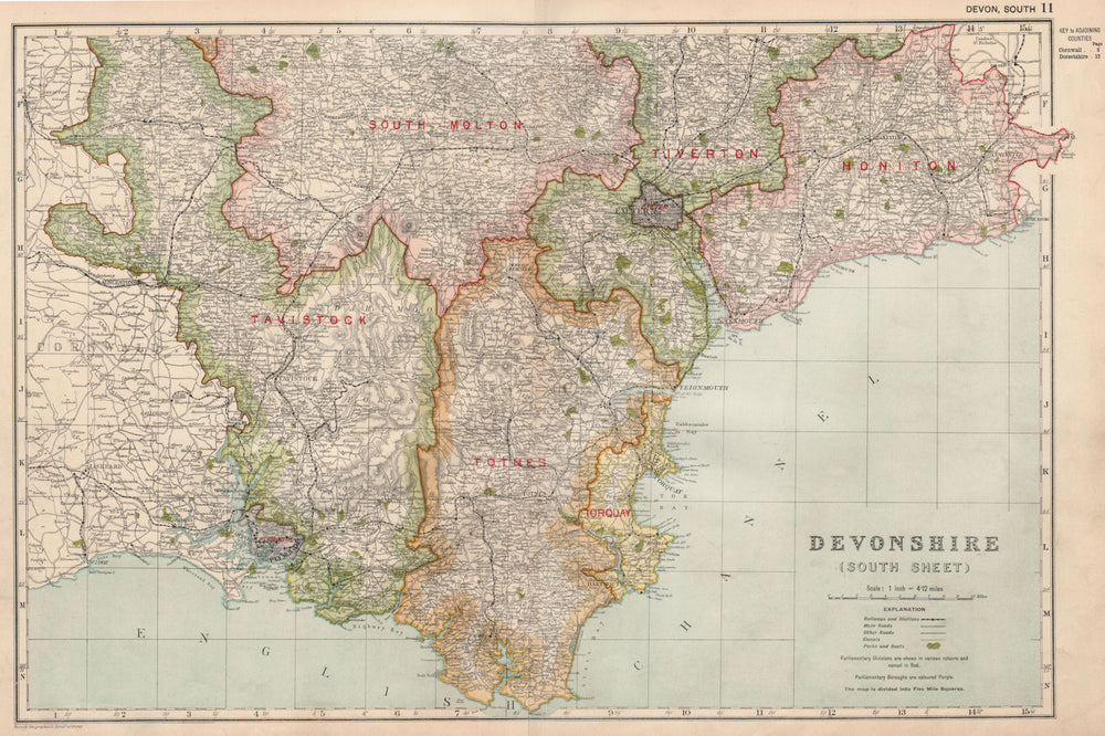 DEVONSHIRE (SOUTH) . Parliamentary divisions. Parks. Devon. BACON 1936 old map