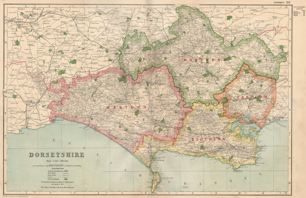 DORSETSHIRE. Parliamentary divisions, boroughs & parks. Dorset. BACON 1936 map