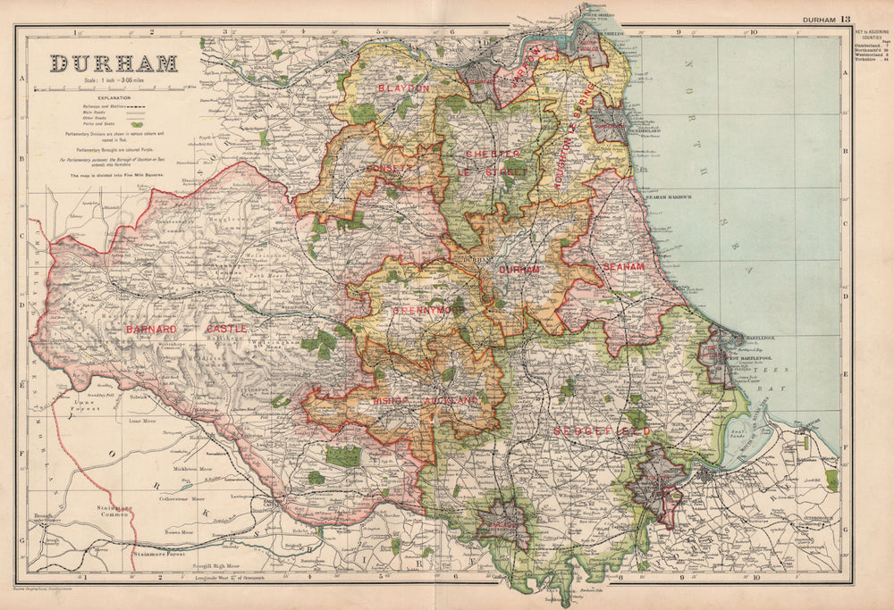 DURHAM. Showing Parliamentary divisions, boroughs & parks. BACON 1936 old map