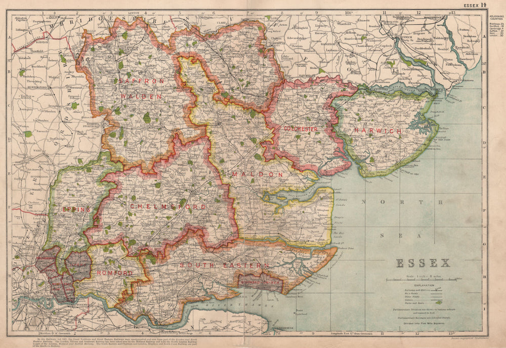 ESSEX. Showing Parliamentary divisions, boroughs & parks. BACON 1936 old map