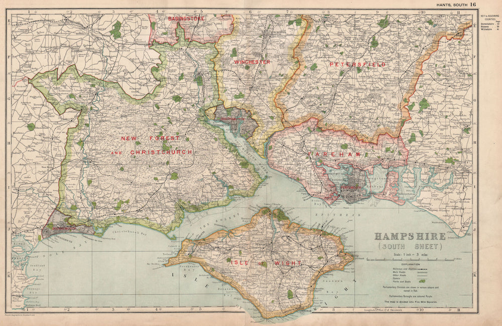 HAMPSHIRE(SOUTH)& ISLE OF WIGHT.Parliamentary divisions & parks.BACON 1936 map