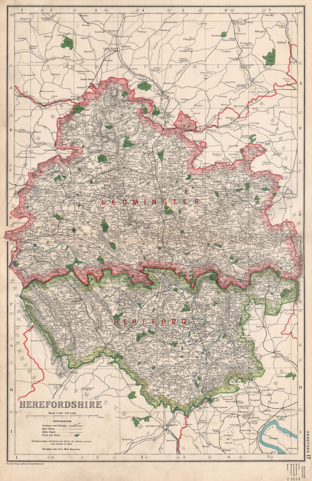 HEREFORDSHIRE. Showing Parliamentary divisions, boroughs & parks. BACON 1936 map