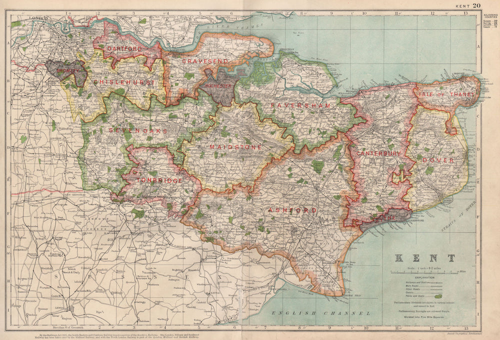 KENT. Showing Parliamentary divisions, boroughs & parks. BACON 1936 old map