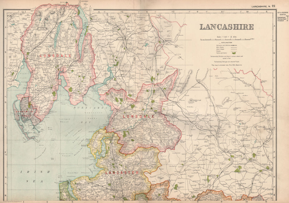 LANCASHIRE (NORTH) . Showing Parliamentary divisions & parks. BACON 1936 map