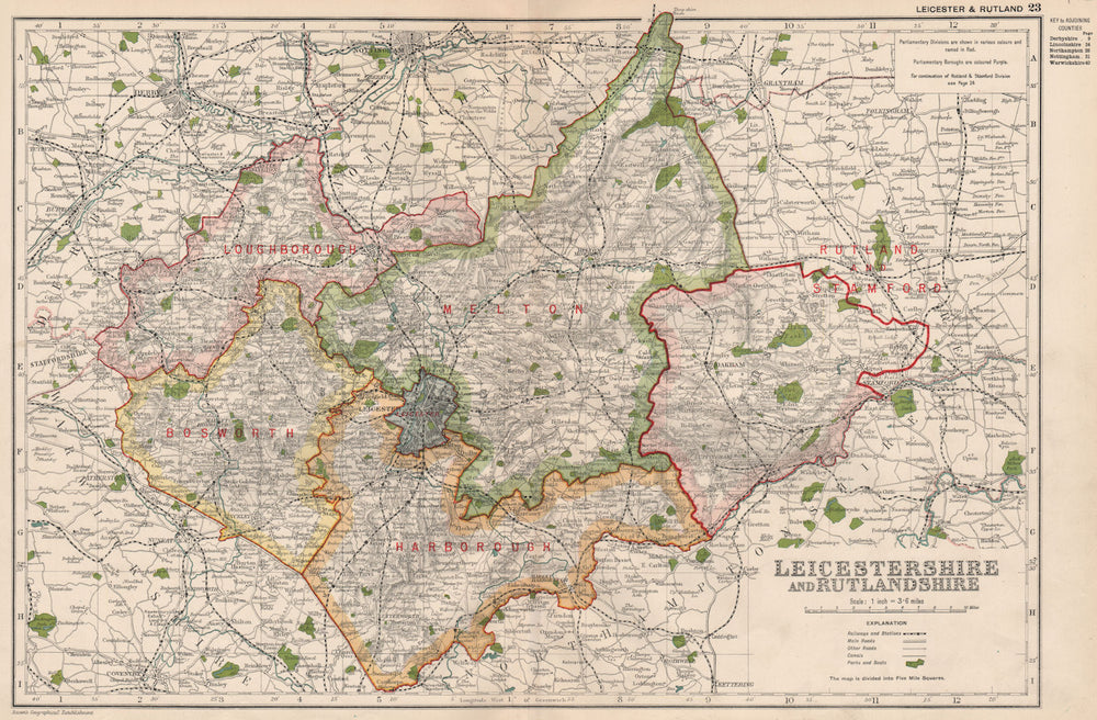 LEICESTERSHIRE AND RUTLANDSHIRE. Parliamentary divisions & parks. BACON 1936 map