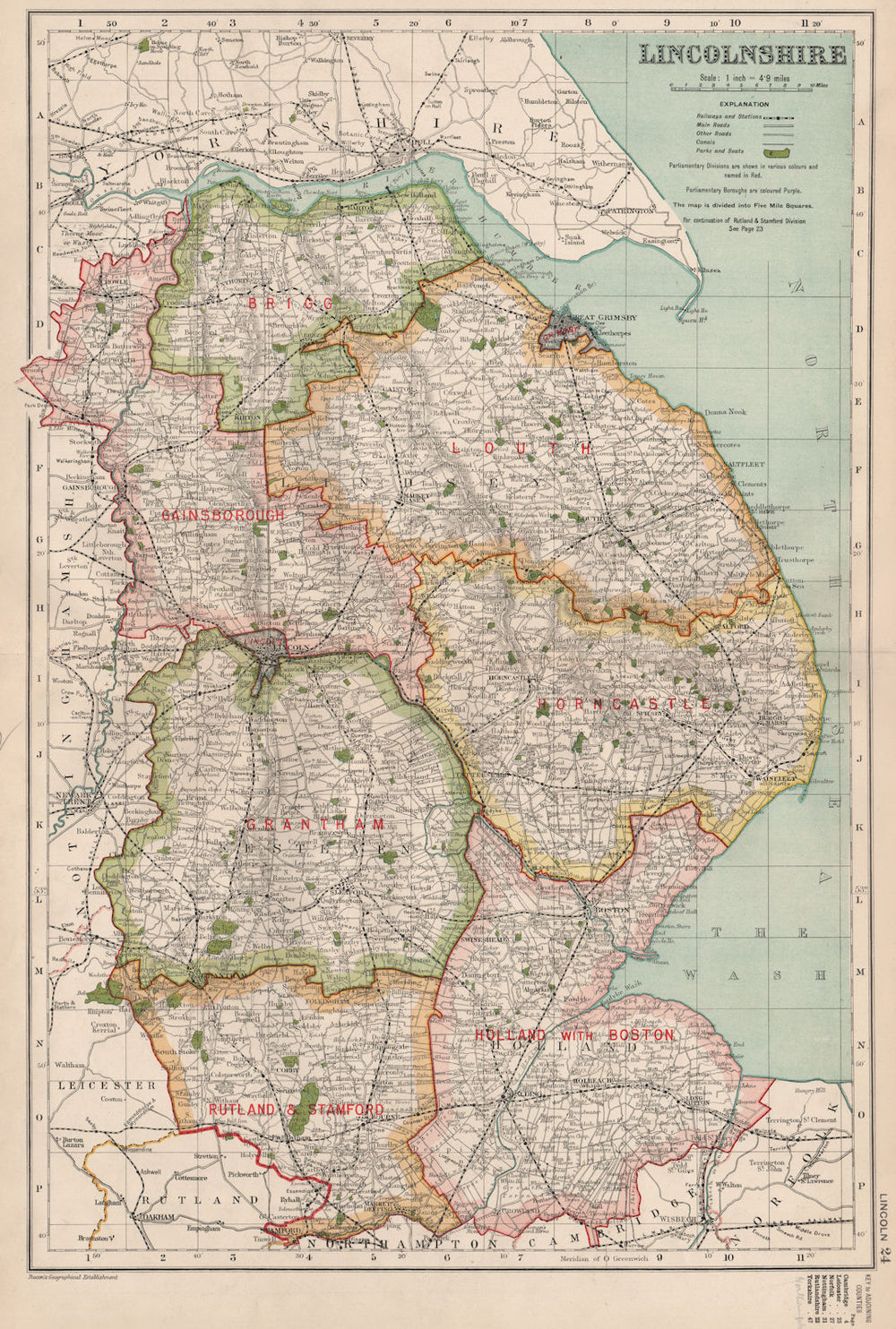 LINCOLNSHIRE. Showing Parliamentary divisions, boroughs & parks. BACON 1936 map