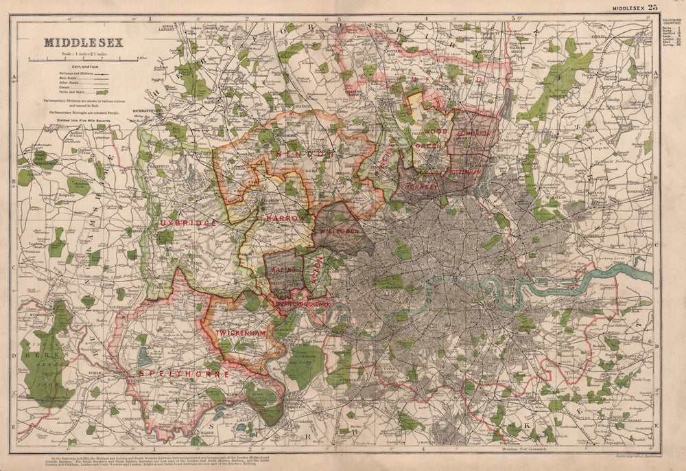 MIDDLESEX.Showing Parliamentary divisions,boroughs & parks.London.BACON 1936 map