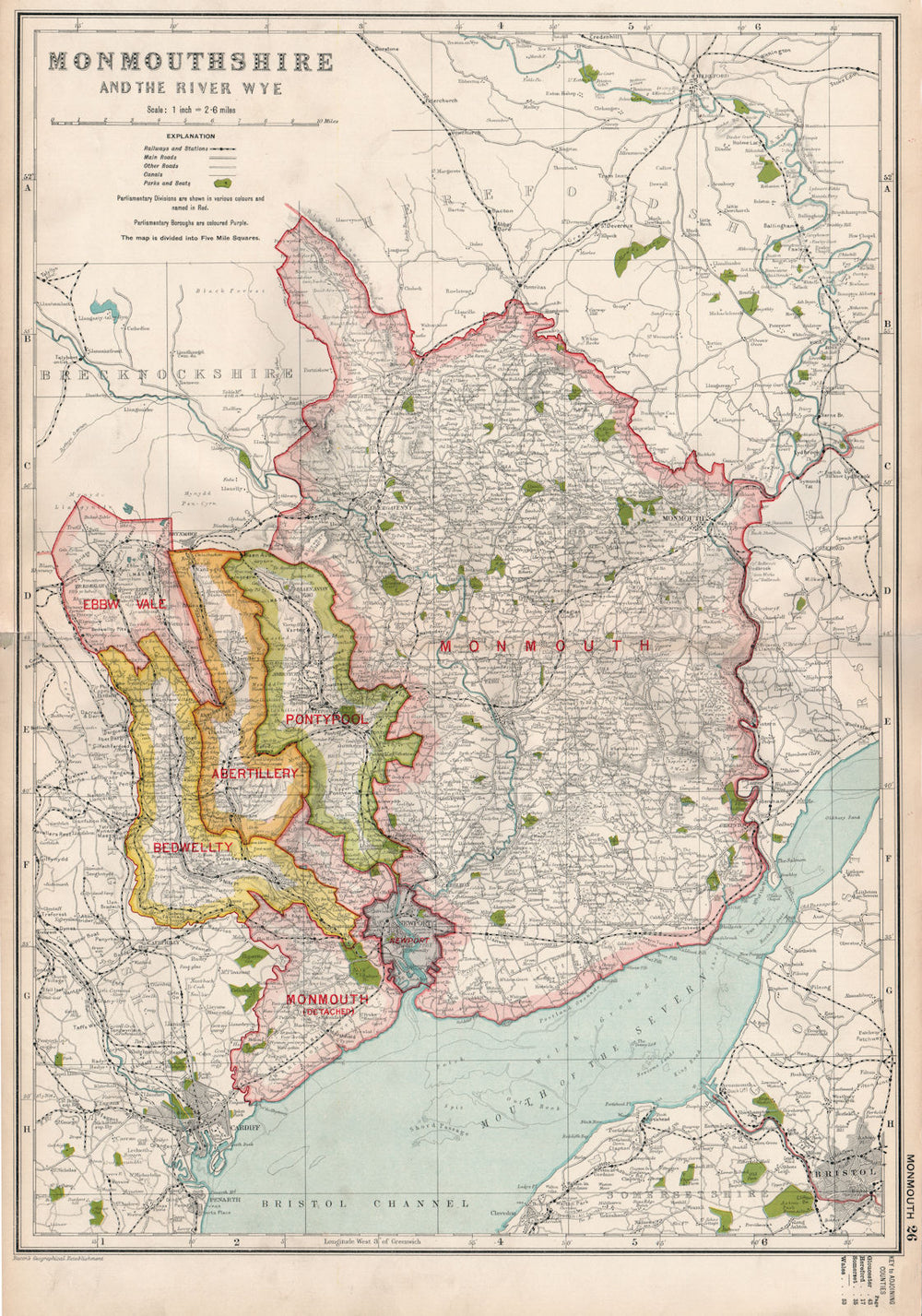 MONMOUTHSHIRE AND THE RIVER WYE.Constituencies,boroughs & parks.BACON 1936 map