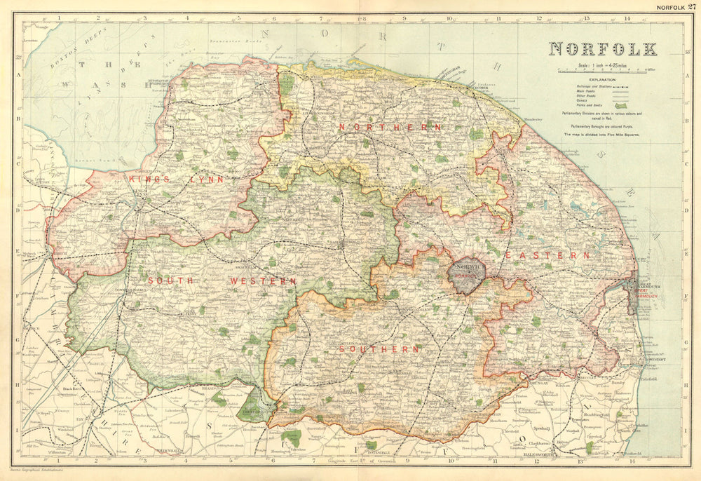 NORFOLK. Showing Parliamentary divisions, boroughs & parks. BACON 1936 old map