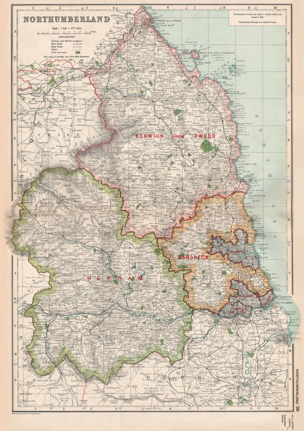 NORTHUMBERLAND.Showing Parliamentary divisions,boroughs & parks.BACON 1936 map