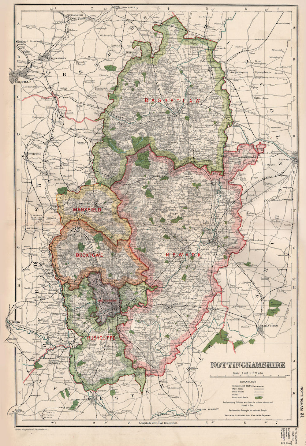 NOTTINGHAMSHIRE.Showing Parliamentary divisions,boroughs & parks.BACON 1936 map