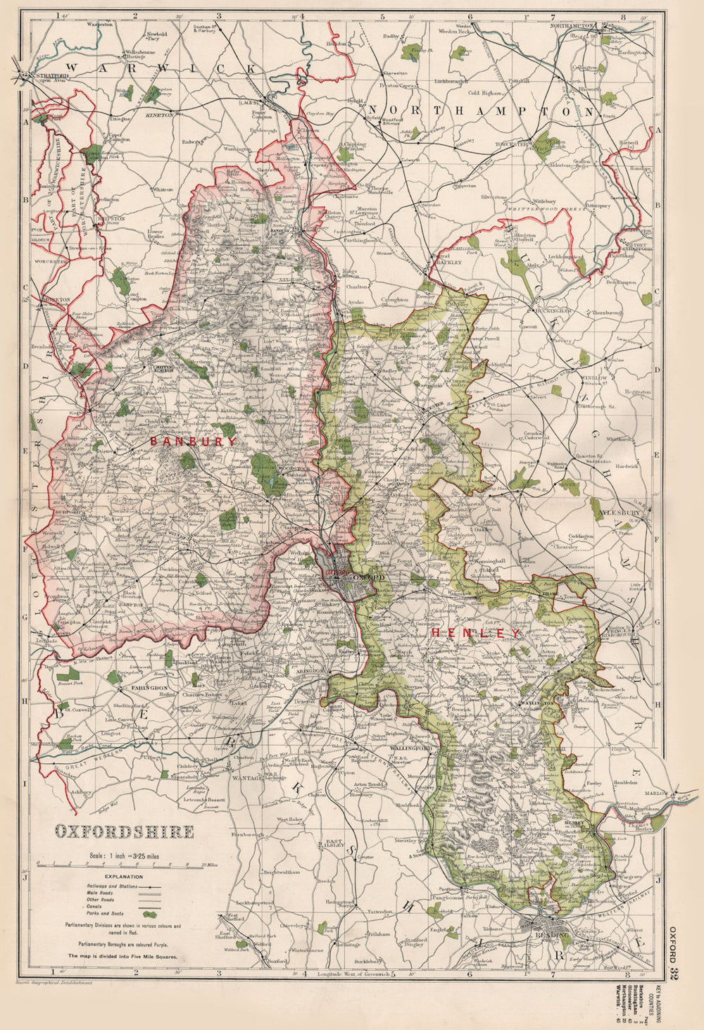 OXFORDSHIRE. Showing Parliamentary divisions, boroughs & parks. BACON 1936 map