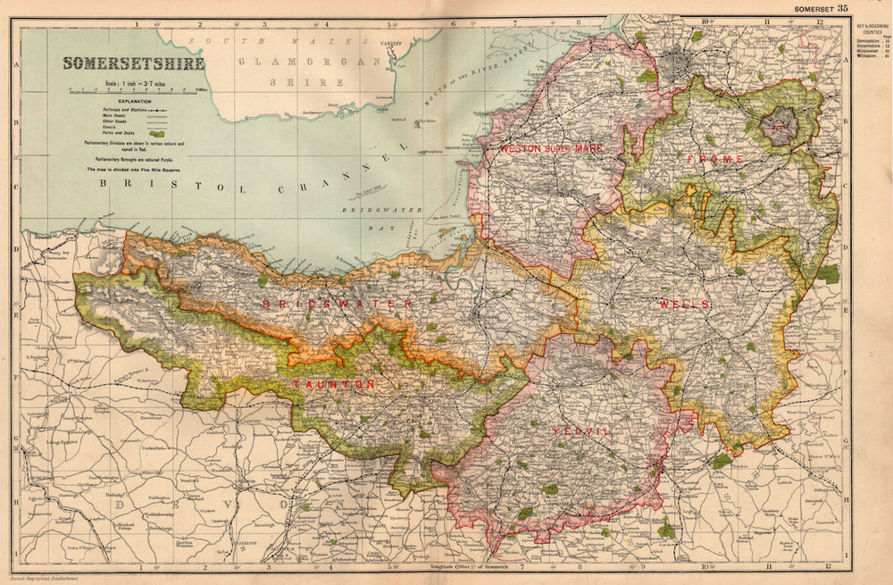 SOMERSETSHIRE. Showing Parliamentary divisions, boroughs & parks. BACON 1936 map