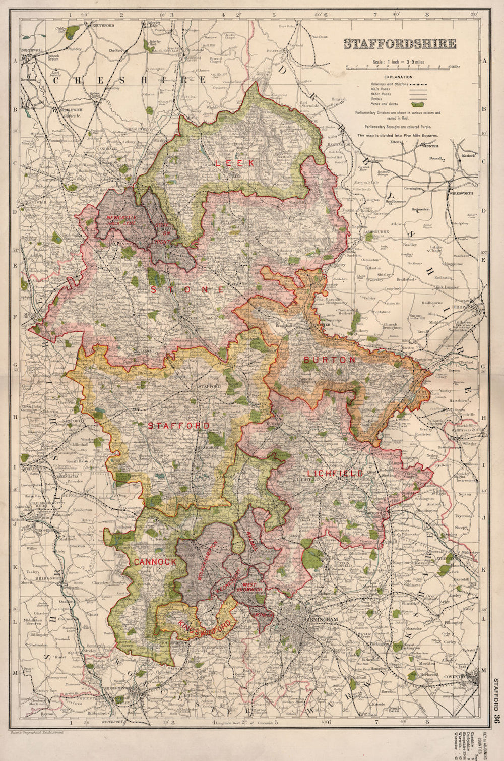 STAFFORDSHIRE. Showing Parliamentary divisions, boroughs & parks. BACON 1936 map
