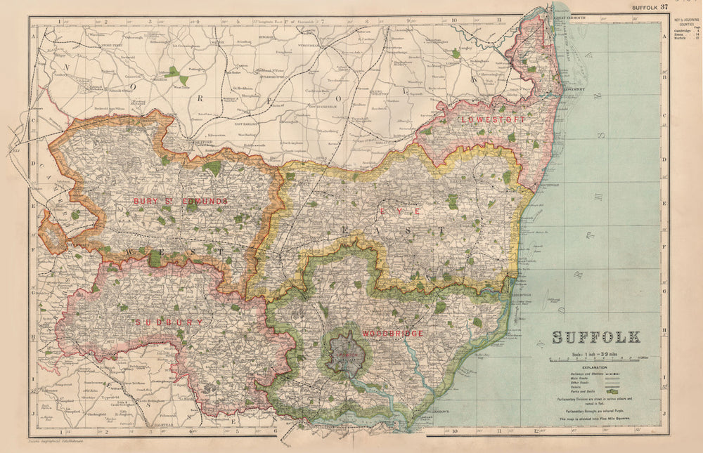 SUFFOLK. Showing Parliamentary divisions, boroughs & parks. BACON 1936 old map