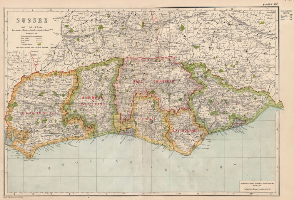 SUSSEX. Showing Parliamentary divisions, boroughs & parks. BACON 1936 old map