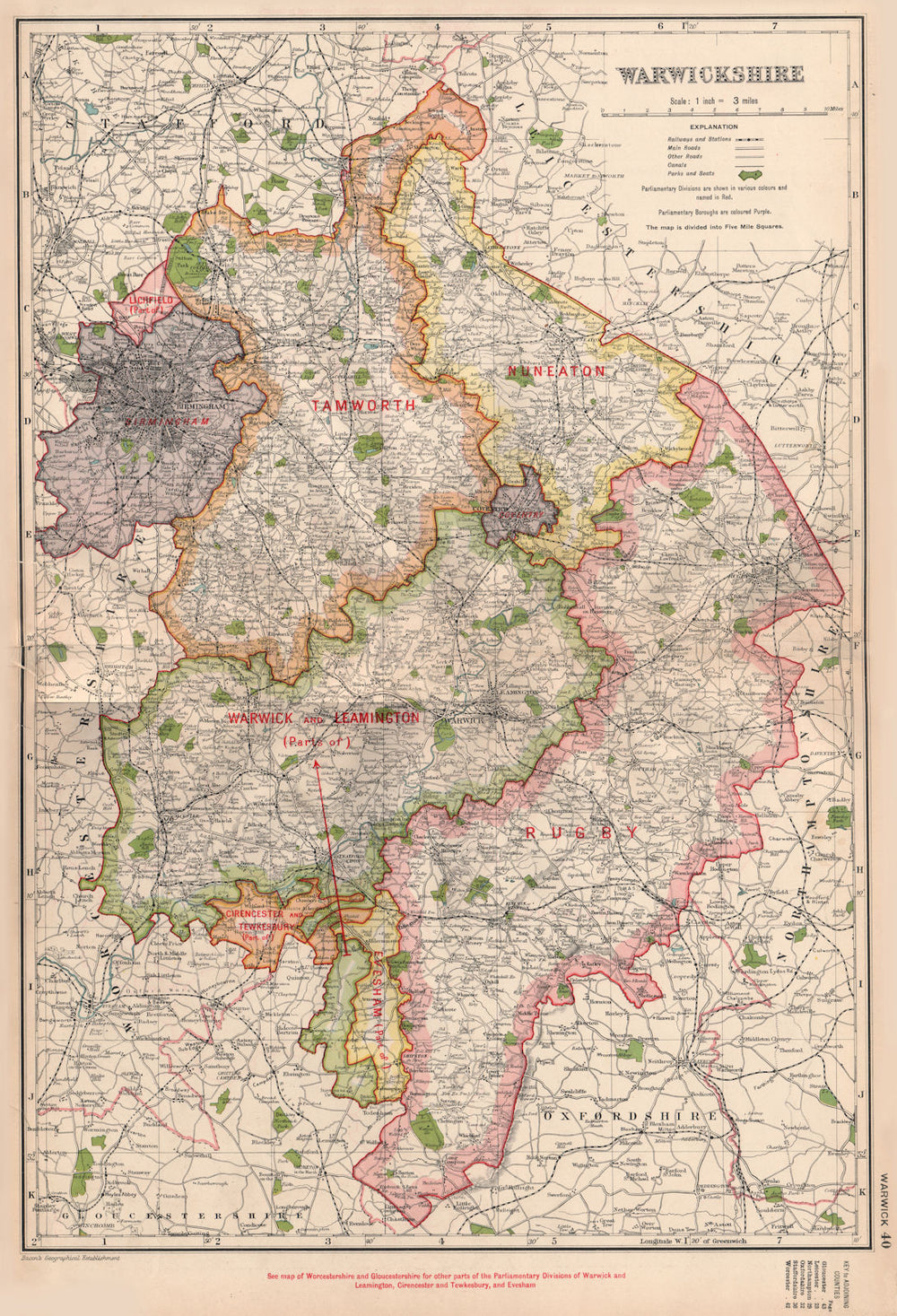 WARWICKSHIRE. Showing Parliamentary divisions, boroughs & parks. BACON 1936 map