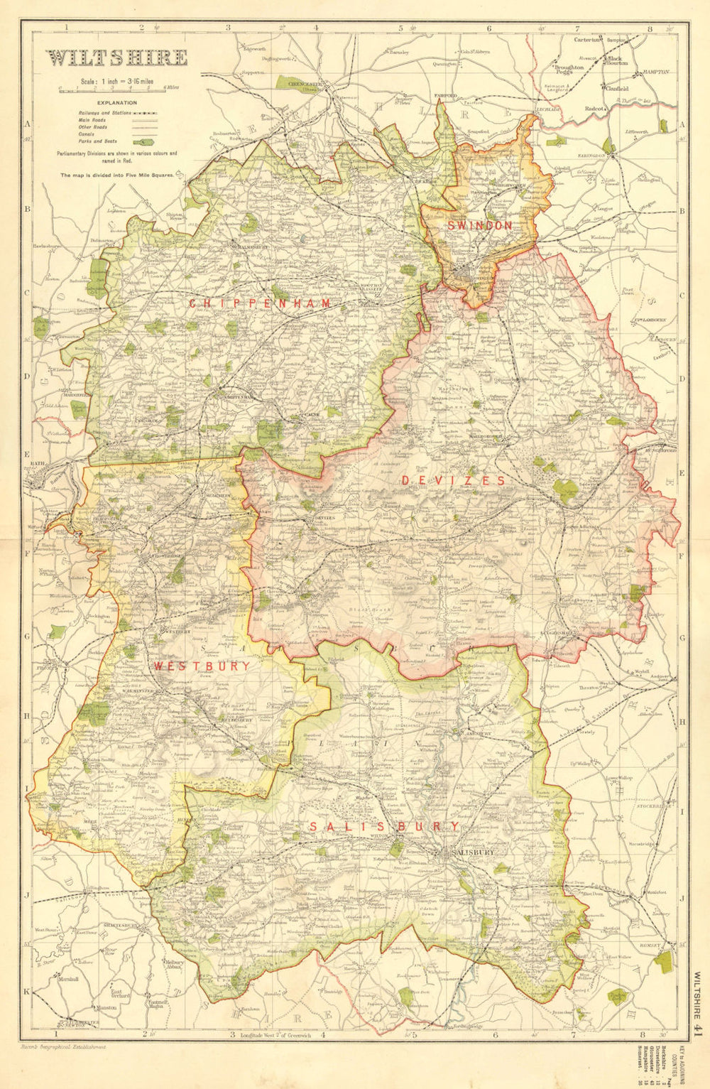 WILTSHIRE. Showing Parliamentary divisions, boroughs & parks. BACON 1936 map