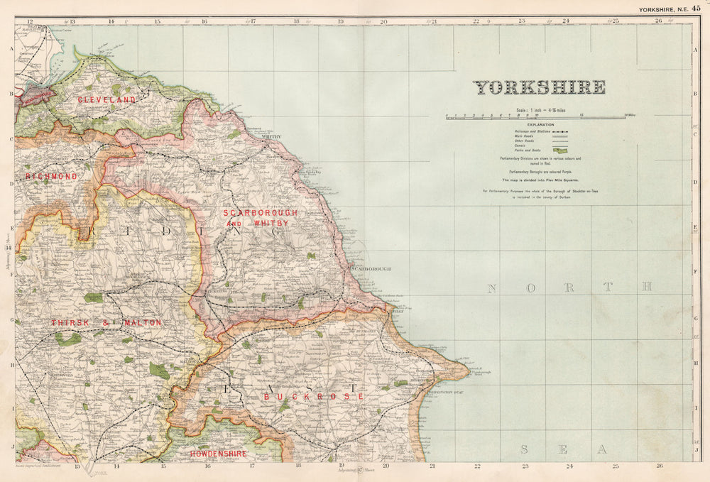 YORKSHIRE (NORTH EAST) . Showing Parliamentary divisions & parks. BACON 1936 map