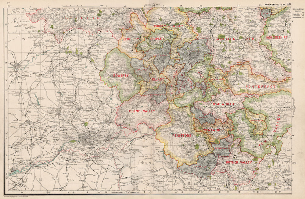 YORKSHIRE (SOUTH WEST) . Showing Parliamentary divisions & parks. BACON 1936 map