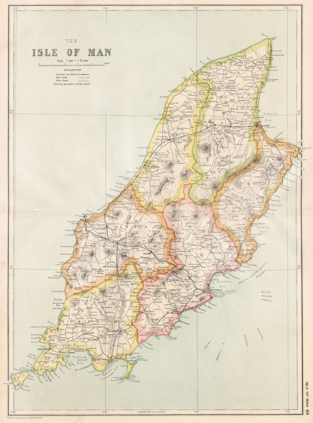 ISLE OF MAN. Showing sheadings, railways & mountains. BACON 1936 old map