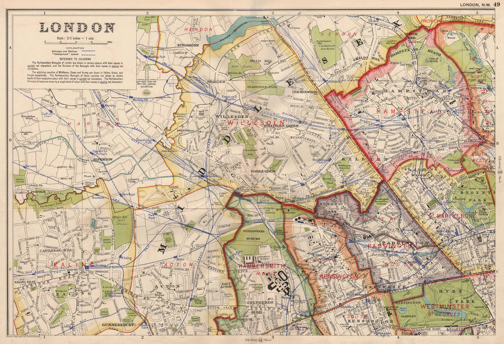 LONDON (NORTH WEST) . Showing Parliamentary divisions & boroughs. BACON 1936 map