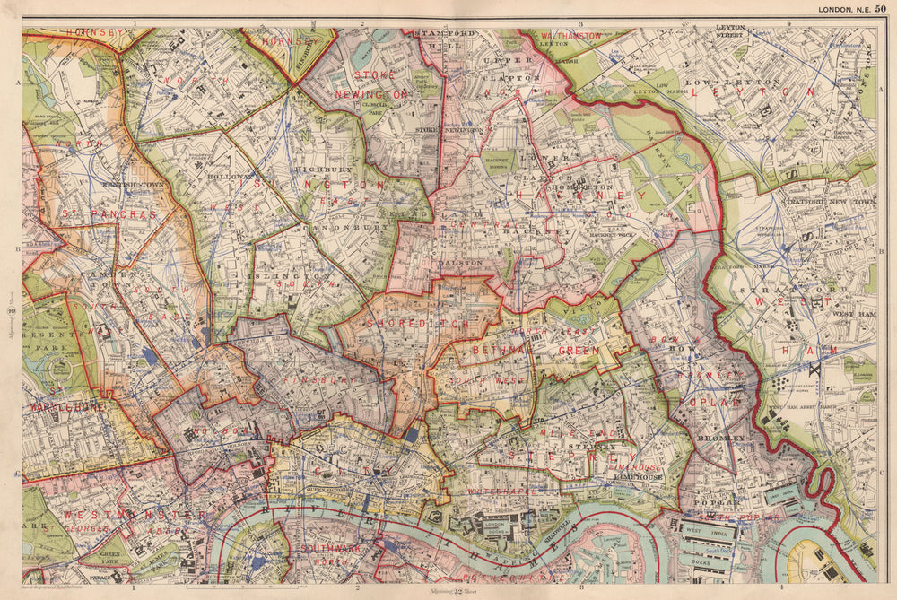 LONDON (NORTH EAST) . Showing Parliamentary divisions & boroughs. BACON 1936 map
