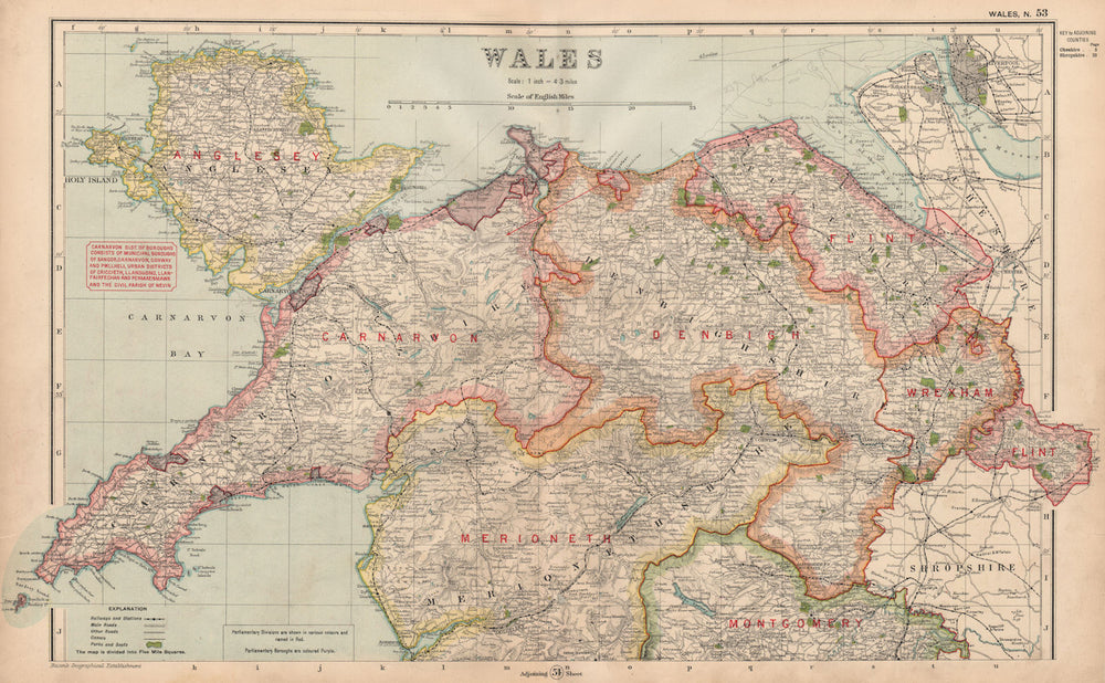 NORTH WALES. Showing Parliamentary divisions & boroughs. BACON 1936 old map