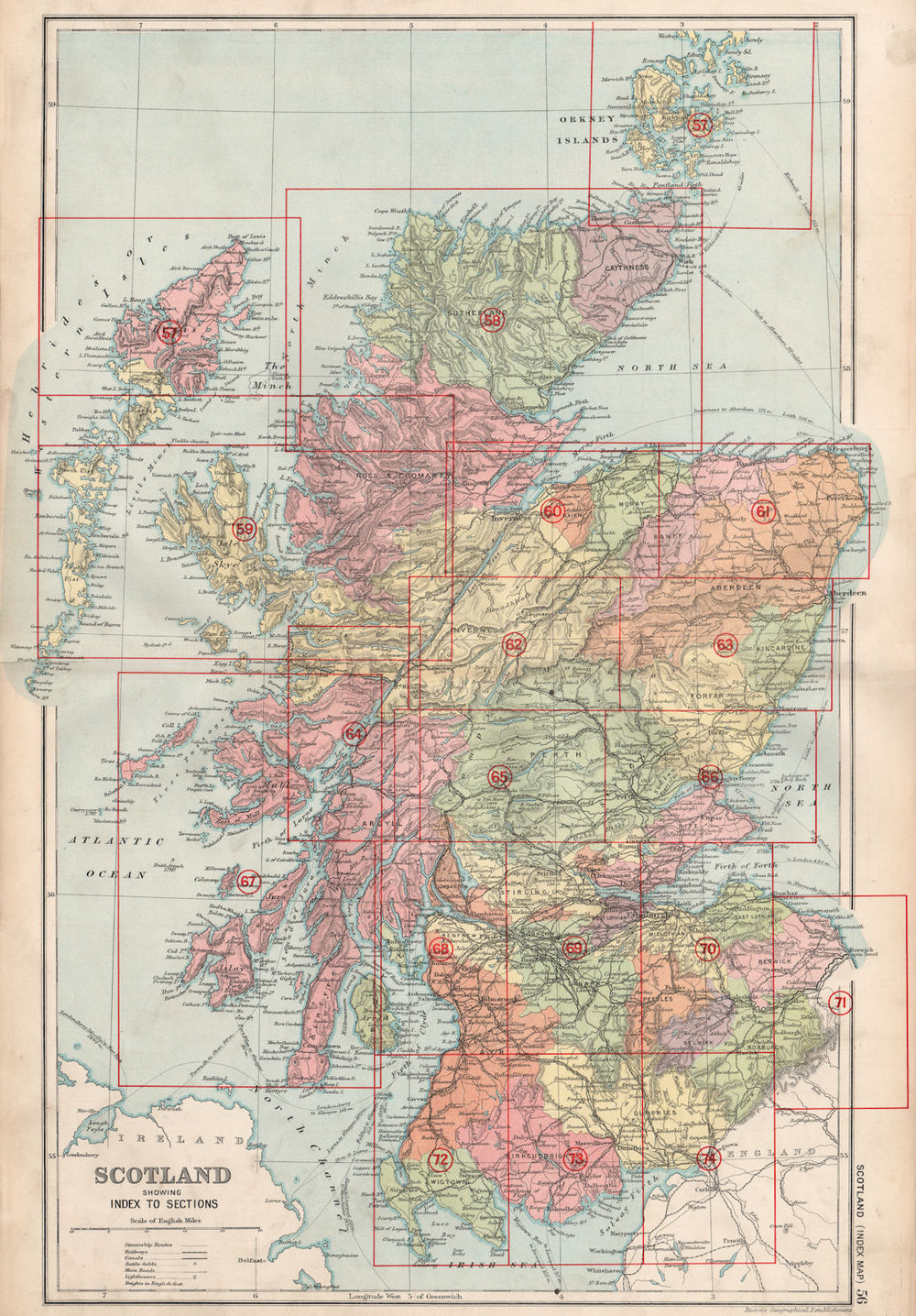 SCOTLAND. Index map. Showing counties. BACON 1936 old vintage plan chart