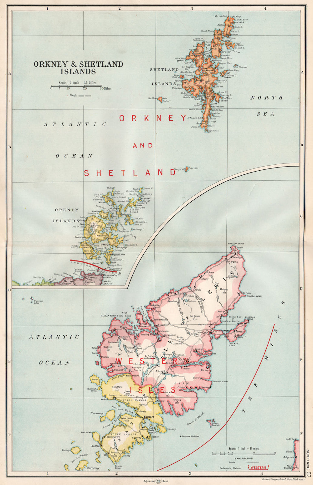 SCOTTISH ISLANDS.Orkney & Shetland.Outer Hebrides.Lewis/Harris.BACON 1936 map