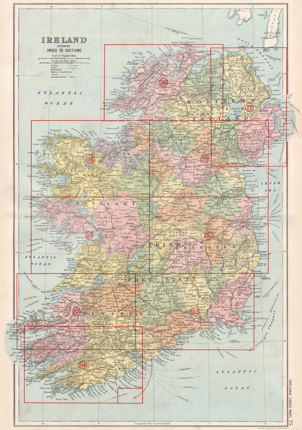 IRELAND. Index map showing counties. BACON 1936 old vintage plan chart