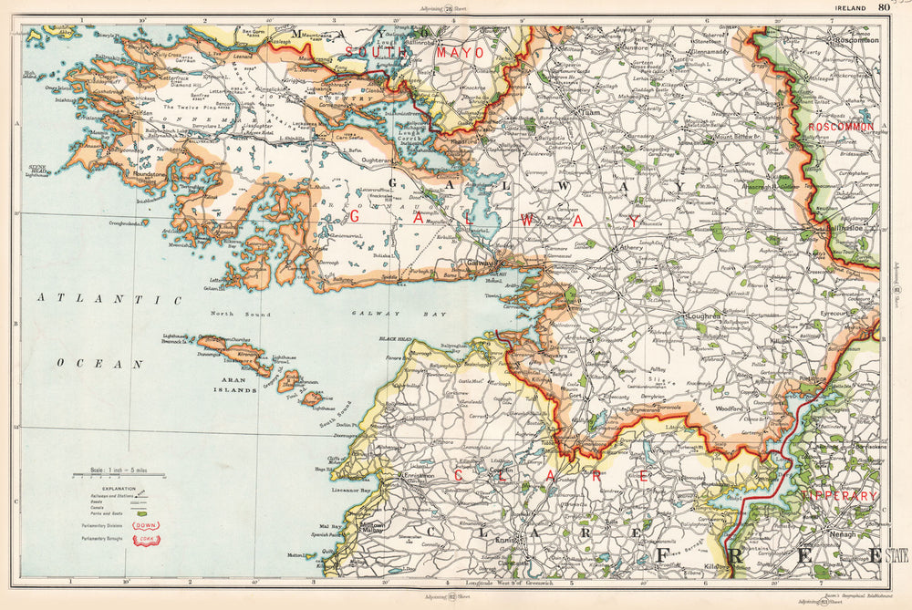IRELAND WEST.Galway Bay.Clare.Parliamentary divisions boroughs.BACON 1936 map