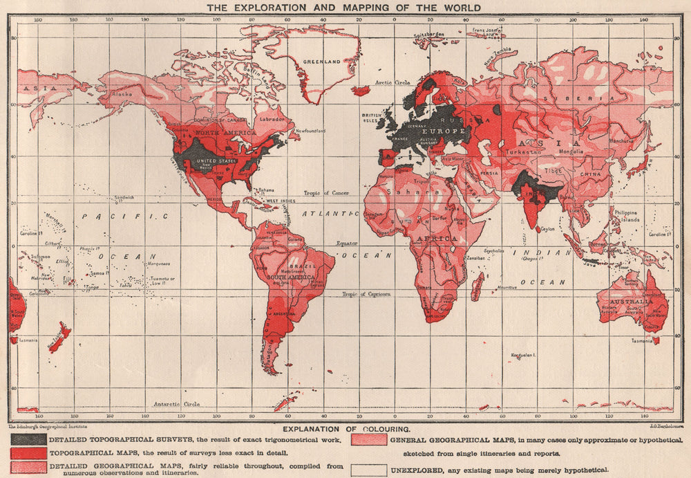 WORLD. Showing the extent of exploration and mapping. BARTHOLOMEW 1901 old