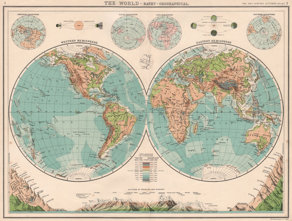 WORLD TWIN HEMISPHERES. Relief map. Mountains eclipses snowline seasons 1901